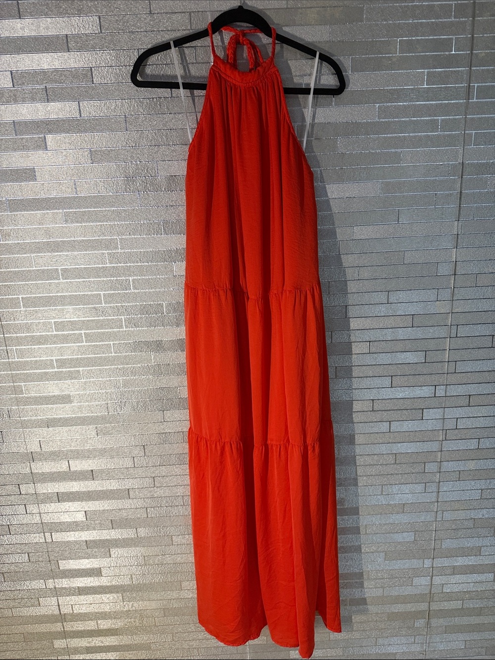 Aakaa Vibrant Red Halter Tiered Maxi Dress